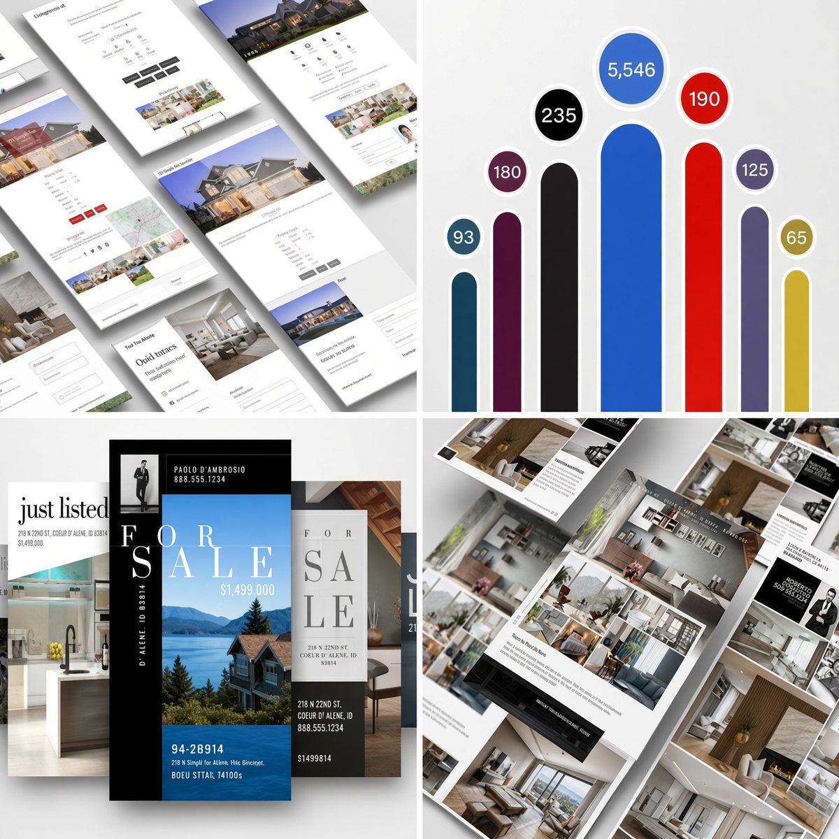 Listing flyers, a property website, social media graphics, and a stats chart